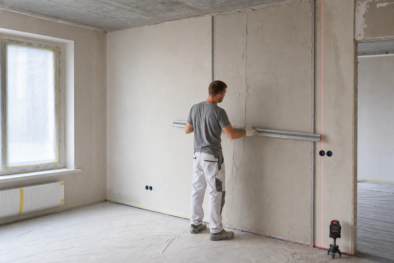 Выравнивание штукатурки стены алюминиевым правилом с контролем плоскости лазерным уровнем